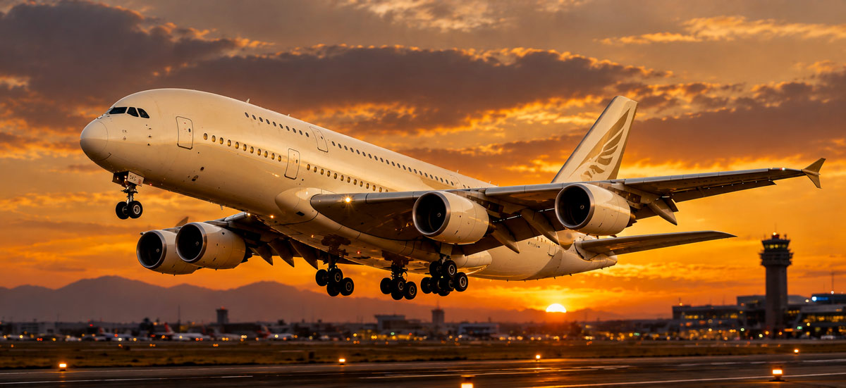 فارسی: هواپیمای مسافربری ایرباس A380، یکی از بزرگترین هواپیماهای مسافربری جهان، هنگام برخاستن از باند فرودگاه در نور طلایی غروب دیده میشود. دماغه هواپیما به سمت چپ و دم بلند آن با طرحی ساده به رنگ بژ در سمت راست تصویر قرار دارد. چهار موتور زیر بالها و چرخهای باز ارابه فرود دیده میشوند. در پسزمینه، برج مراقبت فرودگاه، ساختمانهای فرودگاه، چراغهای باند و آسمان نارنجی غروب قرار دارند. این تصویر برای درس آموزش زبان انگلیسی درباره داستان ایرباس A380 و تمرین خواندن و شنیدن متن انگلیسی است. English: An Airbus A380 passenger aircraft taking off from an airport runway at sunset. Its nose points to the left, with four engines beneath the wings and landing gear still extended. The airport control tower, terminal buildings, runway lights, and an orange sunset sky are visible in the background. The image accompanies an English reading and listening lesson about the Airbus A380.